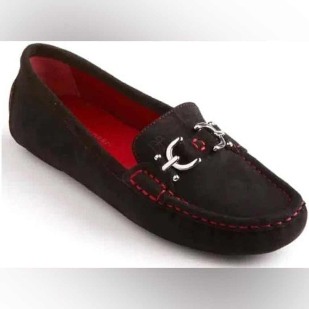 Black suede loafers with red stitching